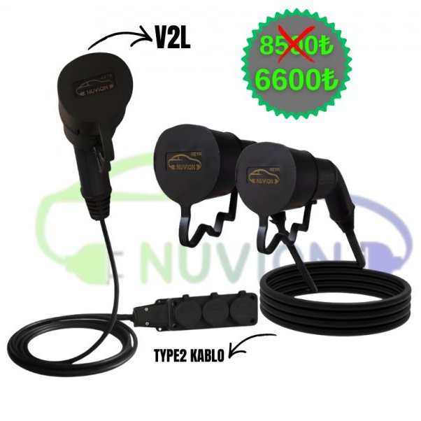 SSANYONG UYUMLU 22kW AC ŞARJ KABLOSU 5 METRE TYPE2+SSANYONG UYUMLU 3MT KABLOLU 3 PRİZLİ V2L ADAPTÖRLERİ