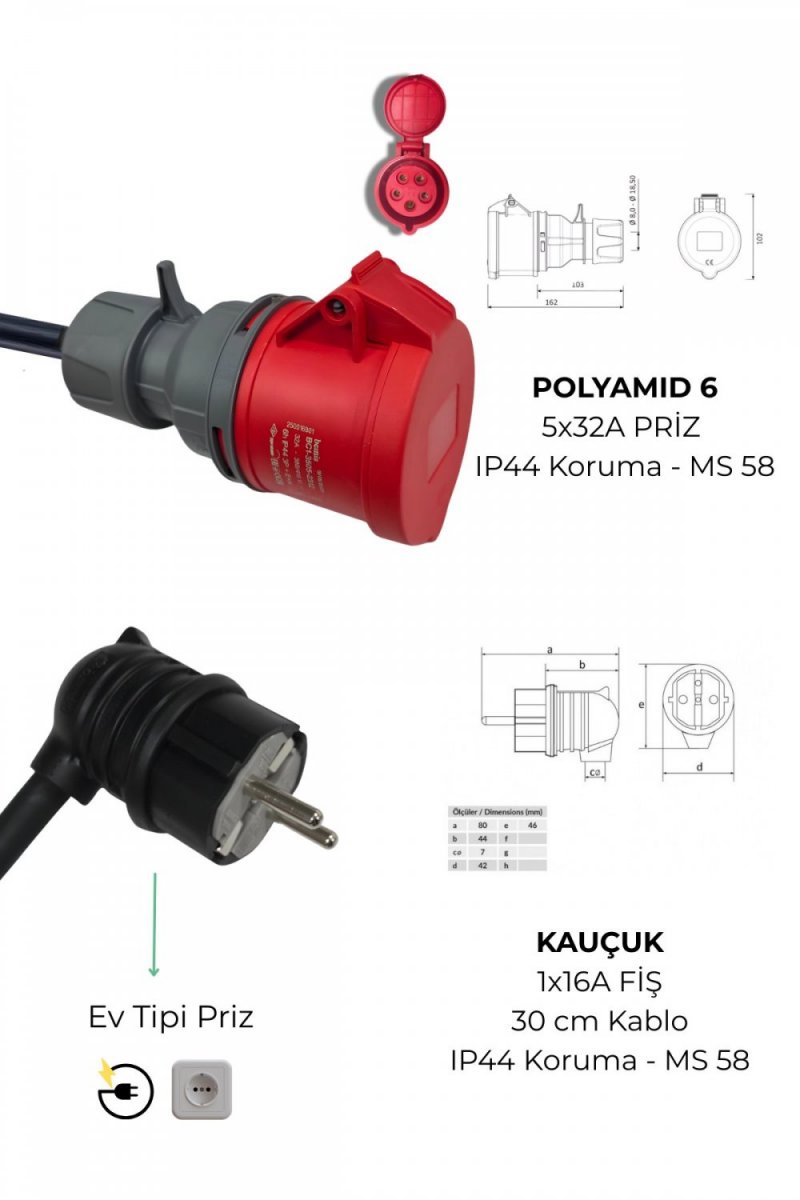 NUVION Elektrikli Araç Dönüştürücü ADAPTÖR5/32A PRIZ-1/16A Fiş (Boydan Uca 30 cm Kablo) Ev Prizinden Şarja