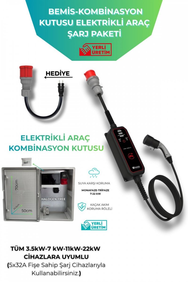 Bemis Elektrikli Araç Şarj İstasyonu+Elektrikli Araç Büyük Boy  22kW-Schneider Sigortalı&Prizli Şarj Panosu